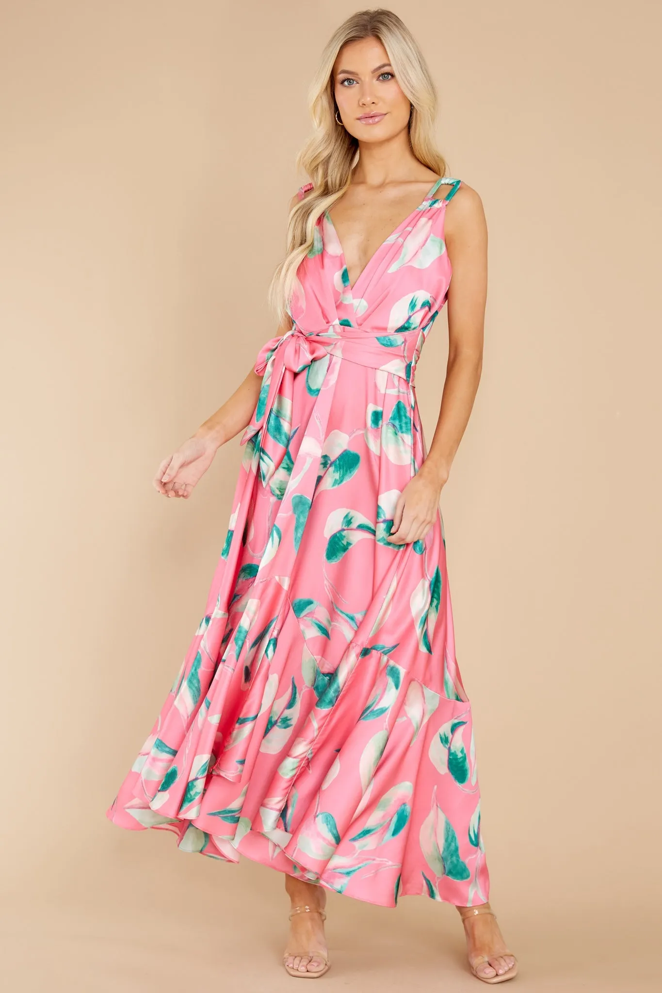 Call Me Sassy Pink Leaf Print Maxi Dress