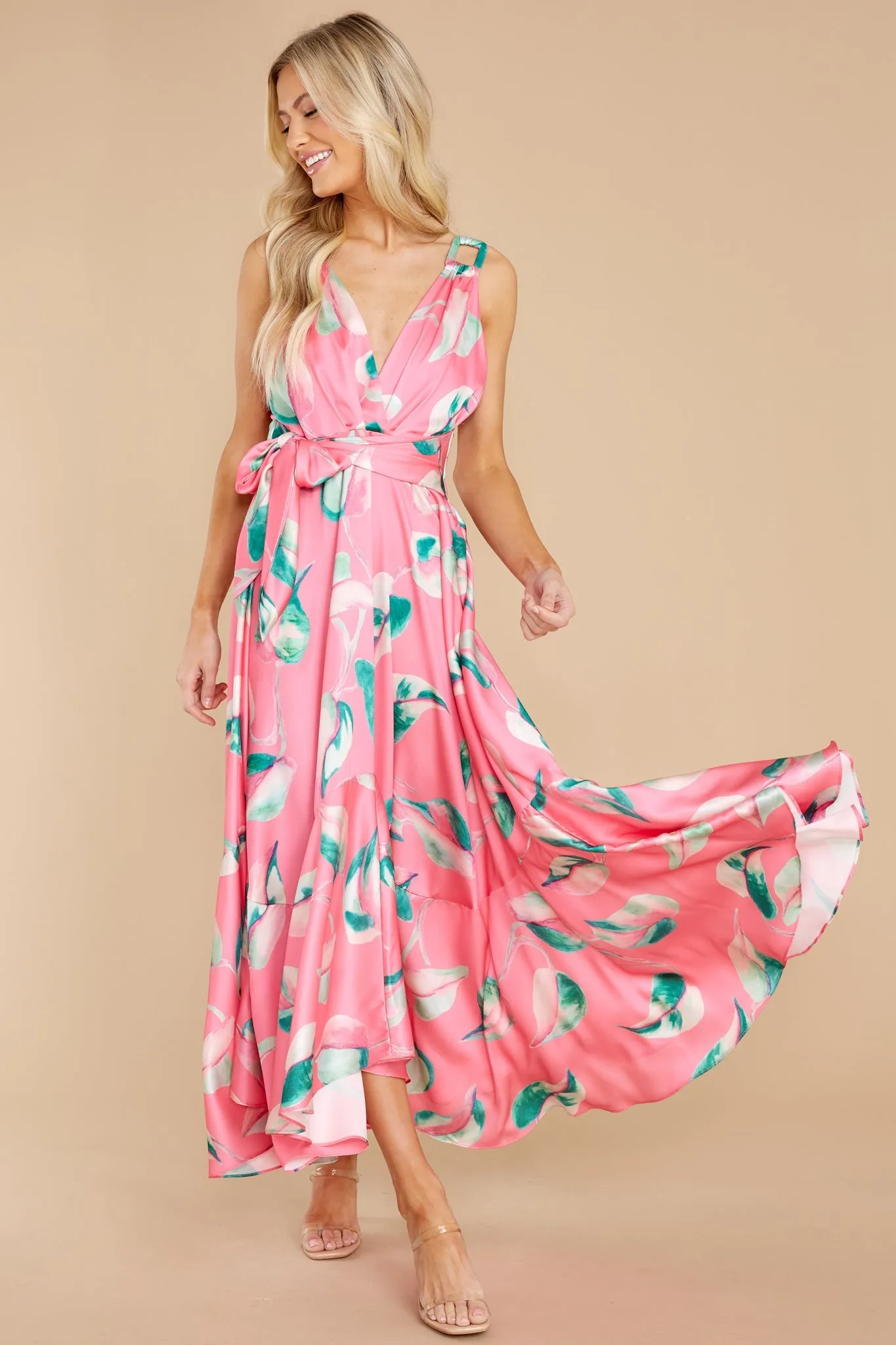 Call Me Sassy Pink Leaf Print Maxi Dress