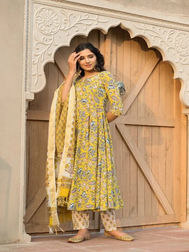 Canary Yellow Floral Block Printed Flared Kurta Set (Set of 3)