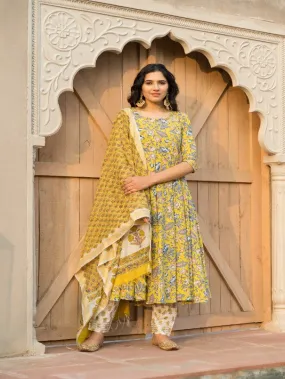 Canary Yellow Floral Block Printed Flared Kurta Set (Set of 3)