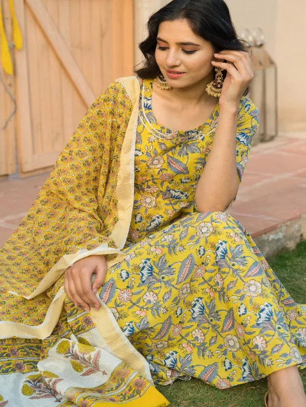 Canary Yellow Floral Block Printed Flared Kurta Set (Set of 3)