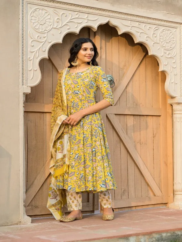 Canary Yellow Floral Block Printed Flared Kurta Set (Set of 3)