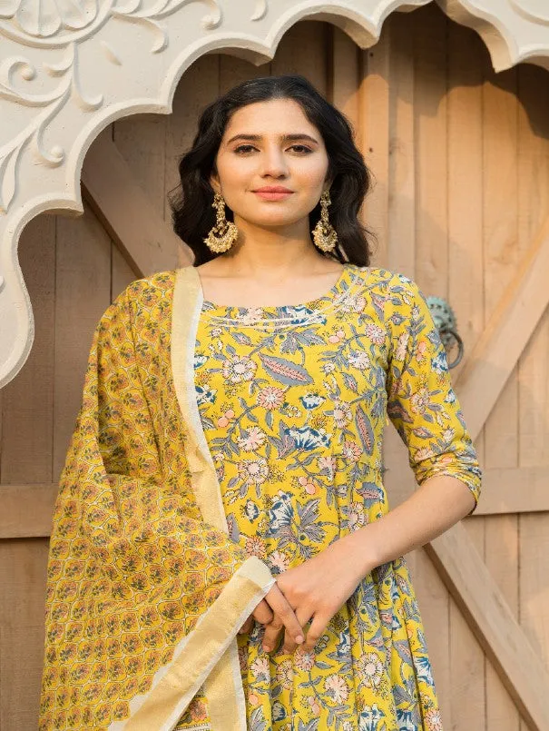 Canary Yellow Floral Block Printed Flared Kurta Set (Set of 3)