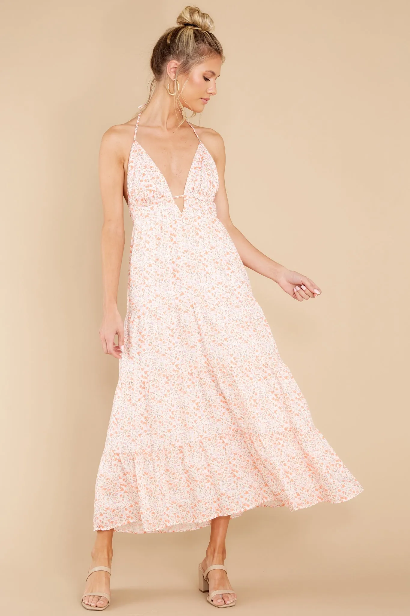 Carefree Spirit Off White Cavalaire Floral Print Halter Maxi Dress