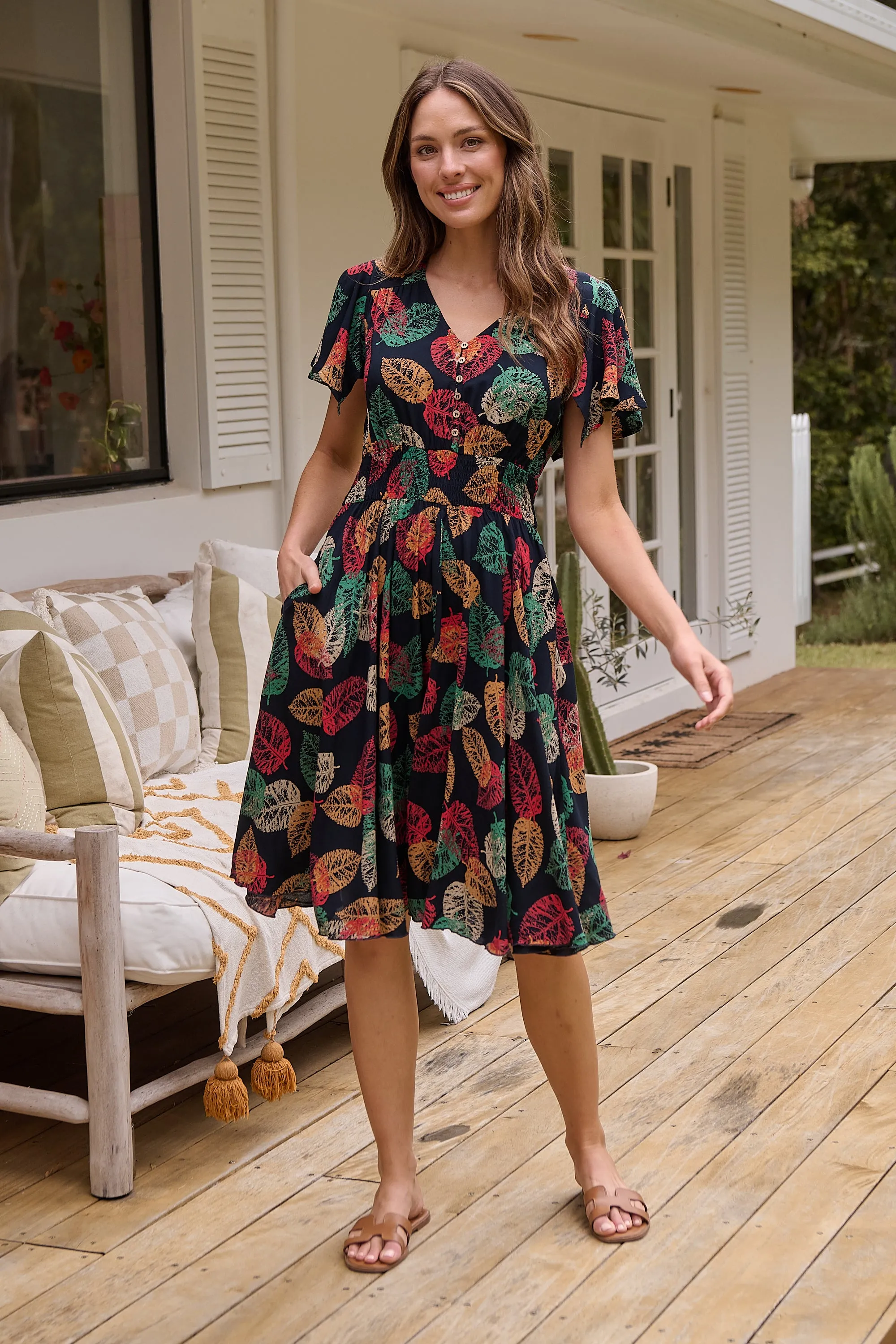 Carina Navy/Red/Green Bold Leaf Print Summer Dress