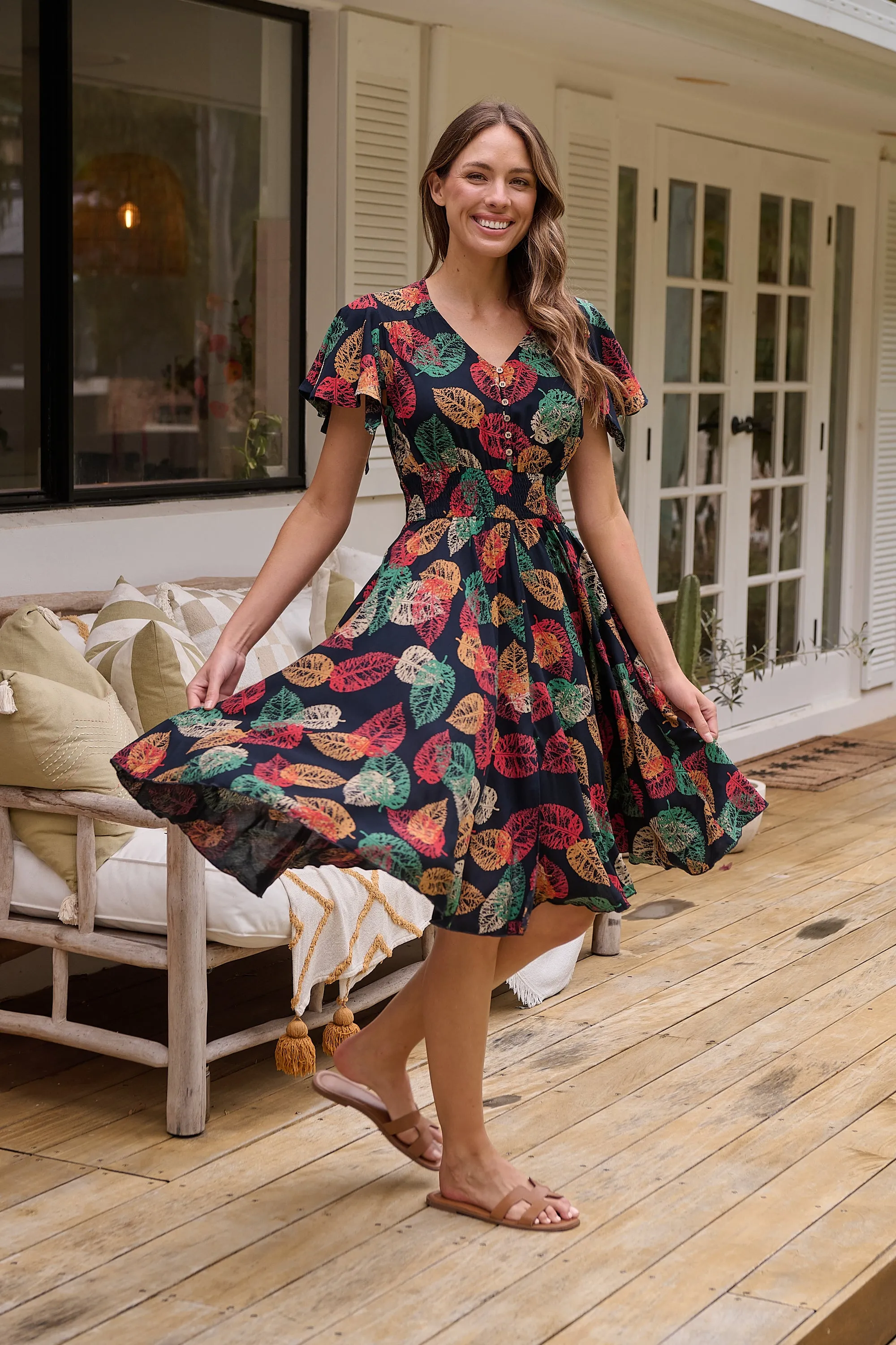 Carina Navy/Red/Green Bold Leaf Print Summer Dress