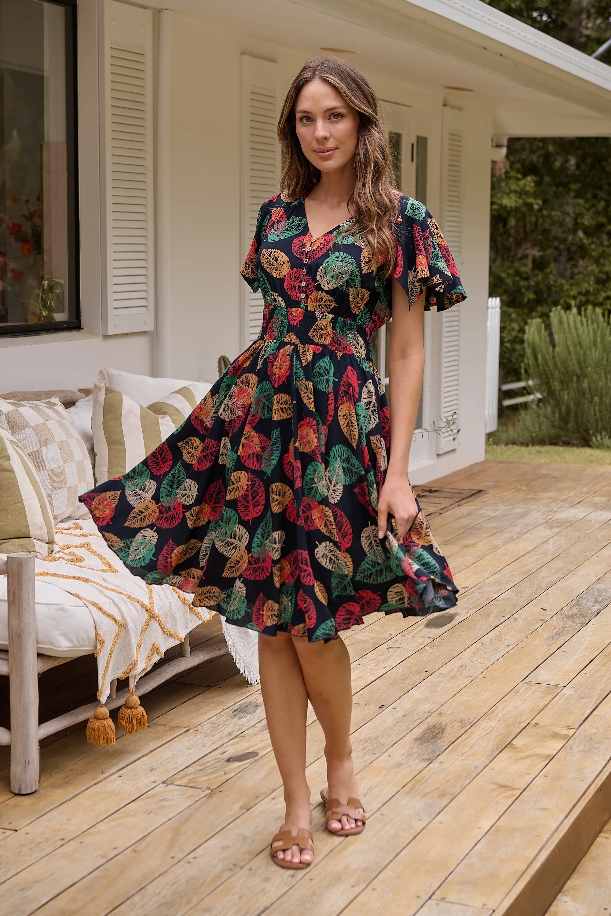 Carina Navy/Red/Green Bold Leaf Print Summer Dress