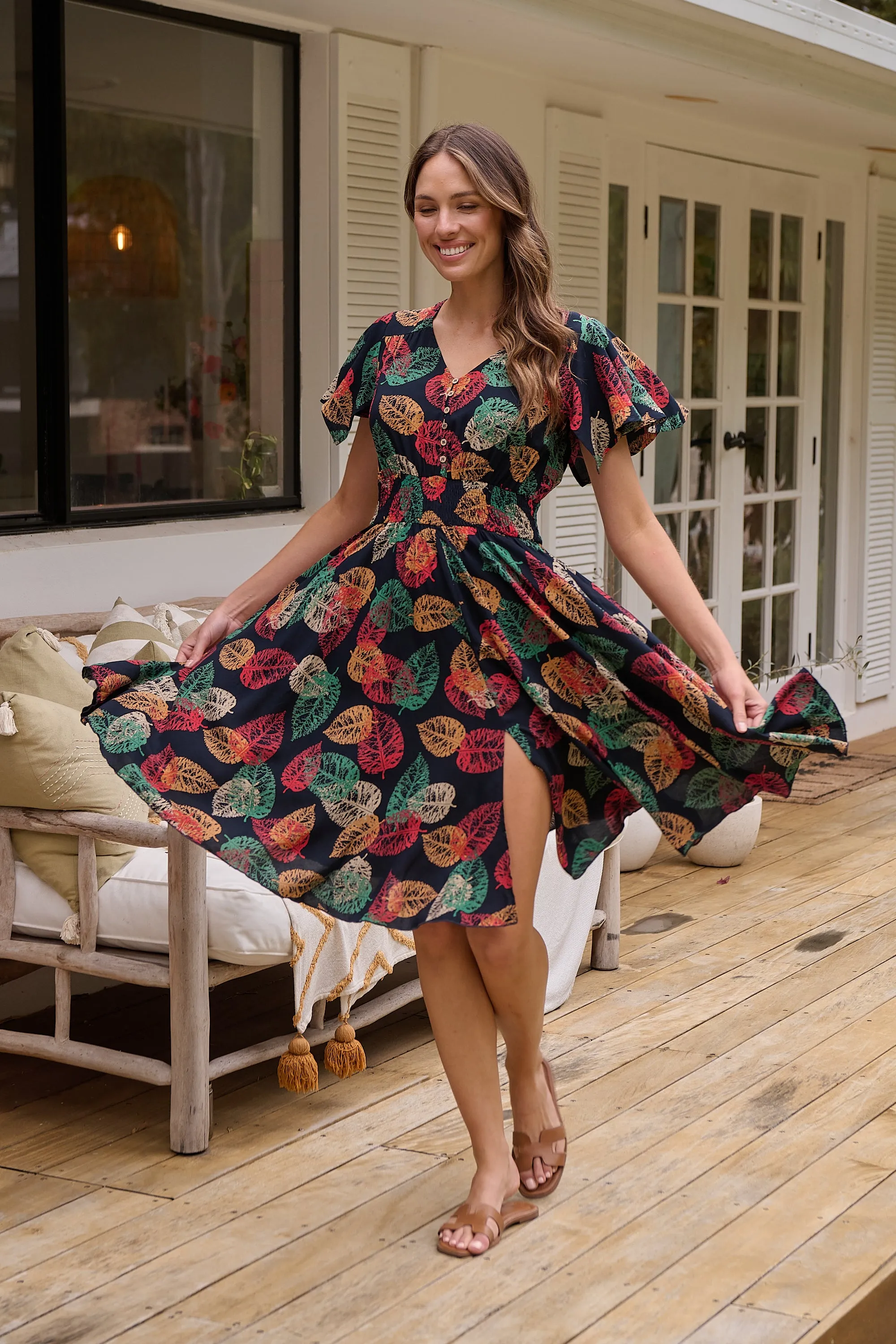 Carina Navy/Red/Green Bold Leaf Print Summer Dress