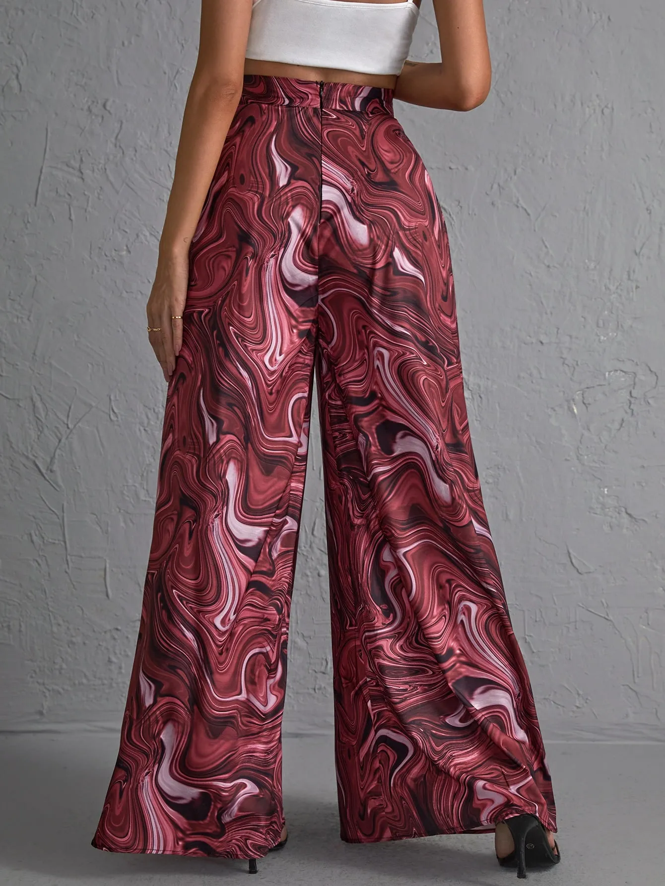 Casual Marble Zipper High Waist Long Women Pants