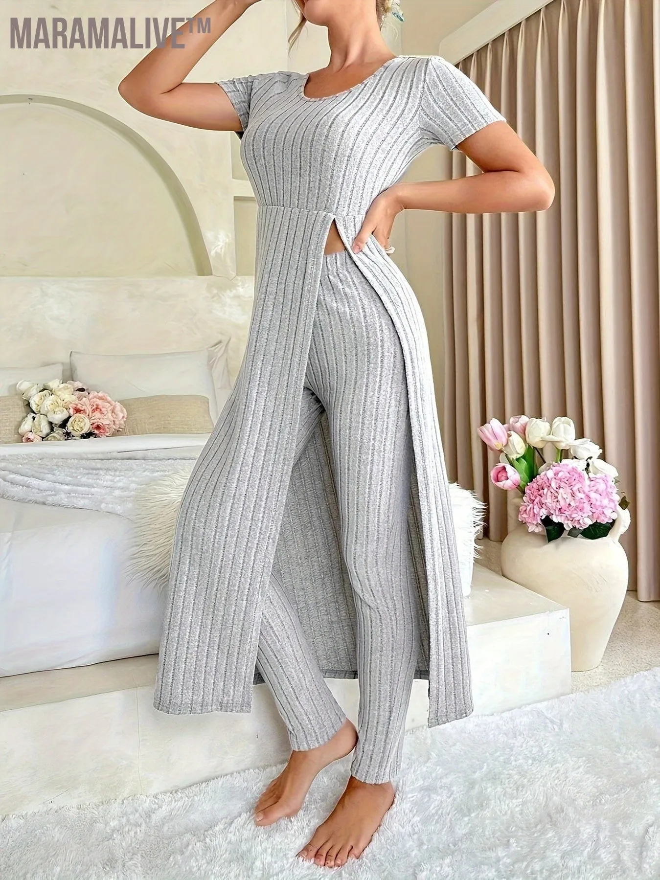 Casual Solid Two-piece Set, Split Crew Neck Maxi Length Top & Skinny Leggings Outfits, Women's Clothing