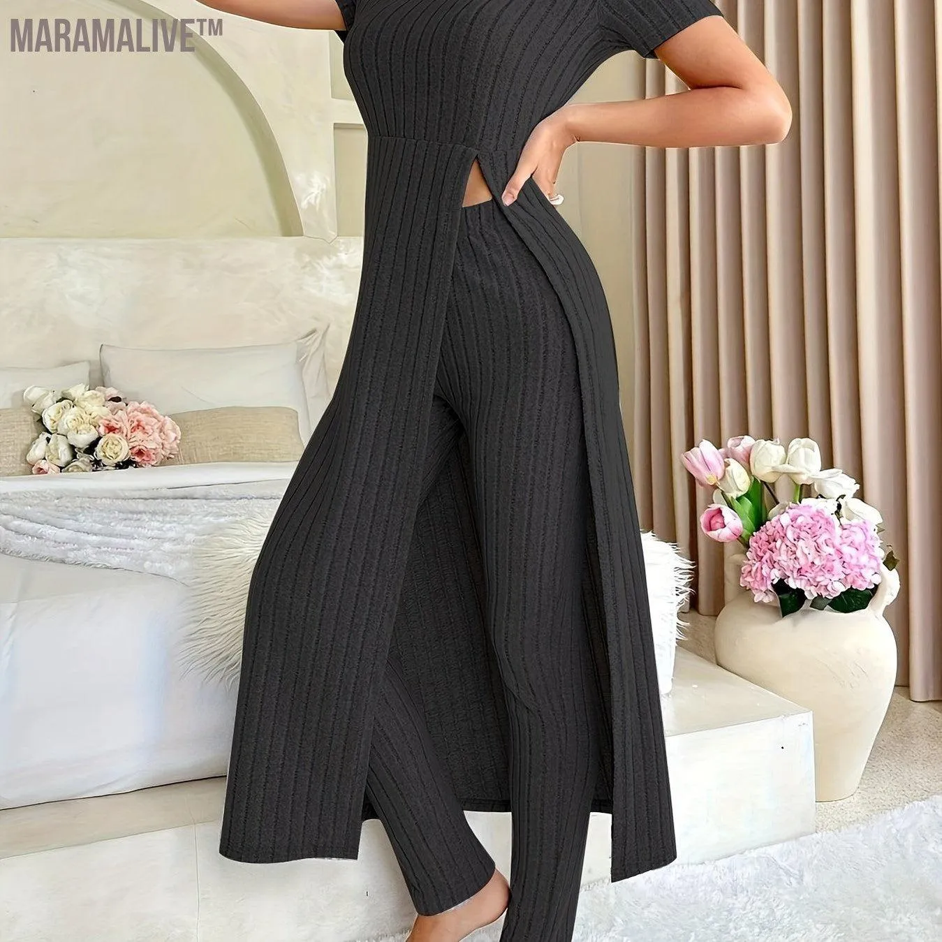 Casual Solid Two-piece Set, Split Crew Neck Maxi Length Top & Skinny Leggings Outfits, Women's Clothing