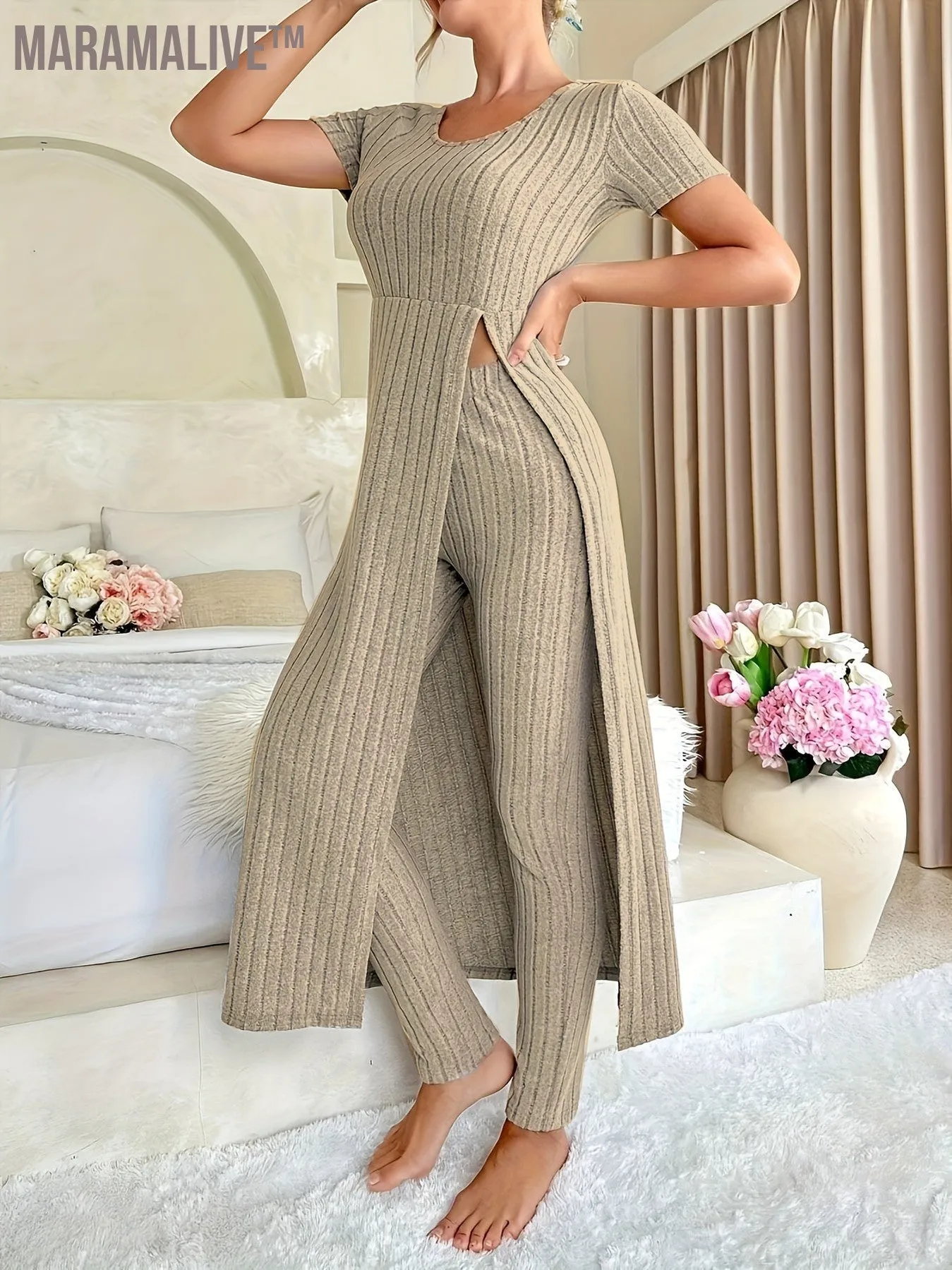 Casual Solid Two-piece Set, Split Crew Neck Maxi Length Top & Skinny Leggings Outfits, Women's Clothing