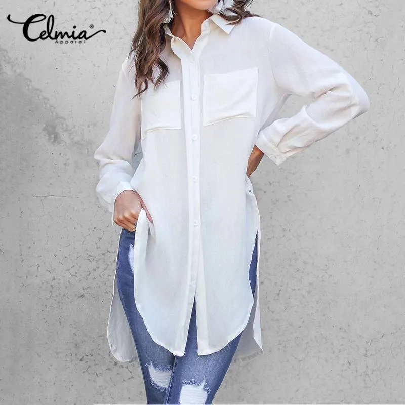 Celmia Women White Shirts 2022 Summer Lapel Asymmetrical Split Long Tunic Tops Casual Oversize Blouses Elegant Office Blusas