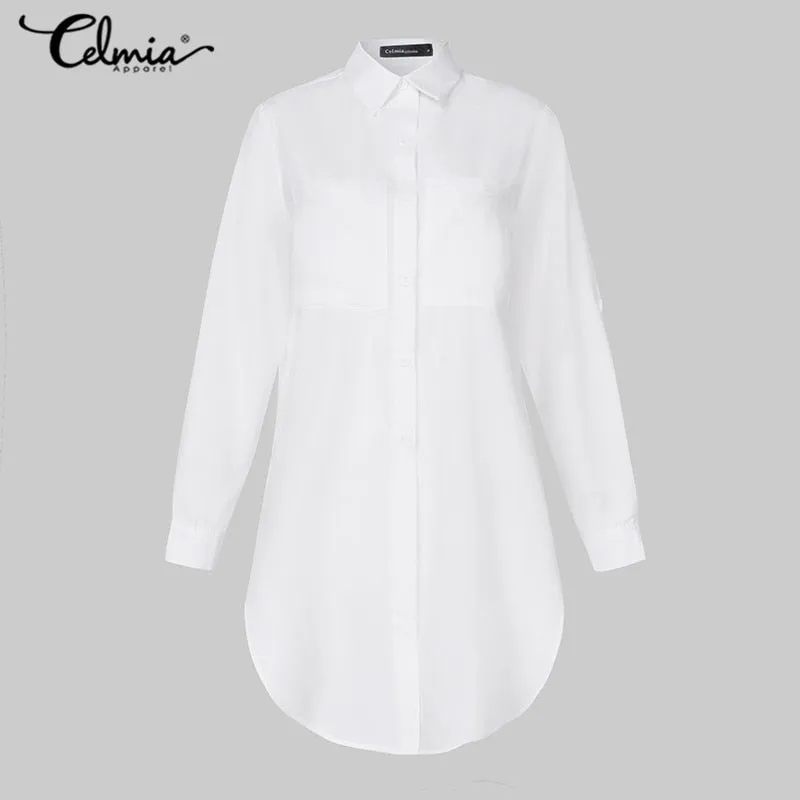 Celmia Women White Shirts 2022 Summer Lapel Asymmetrical Split Long Tunic Tops Casual Oversize Blouses Elegant Office Blusas