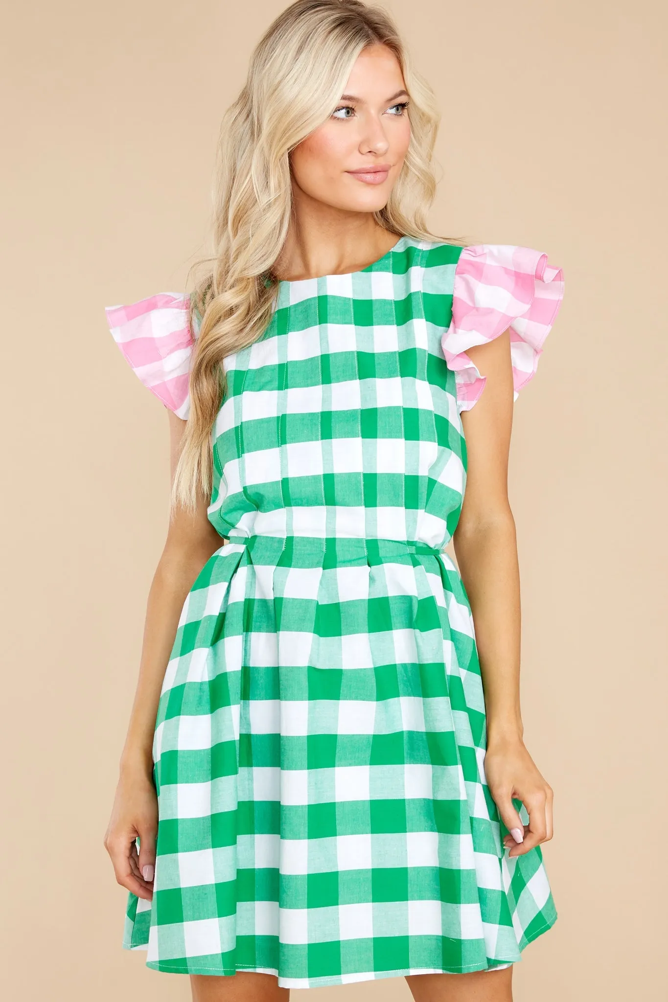 Charm Your Way Green And Pink Gingham Dress