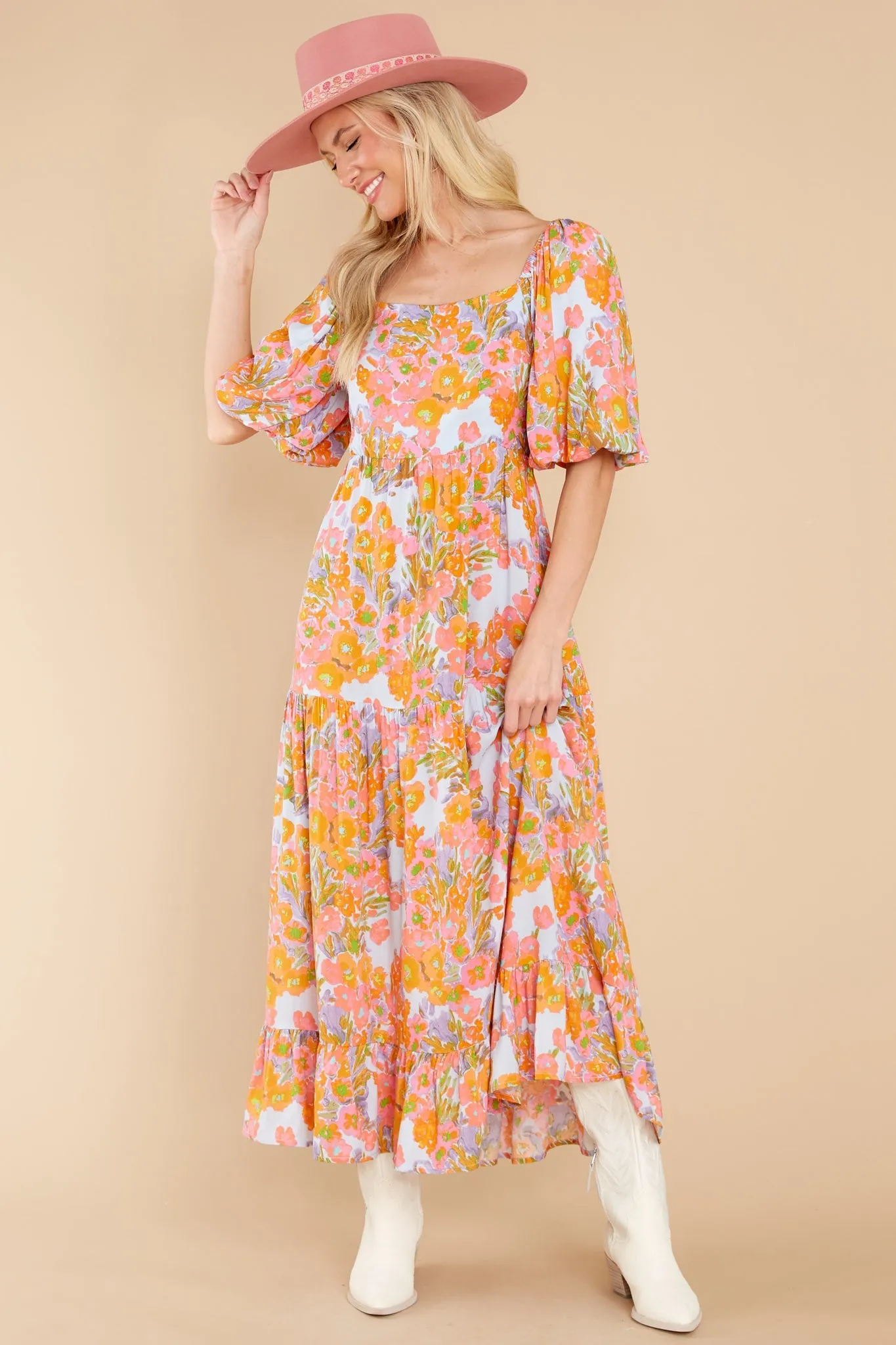 Charming Smile Orange Floral Print Maxi Dress