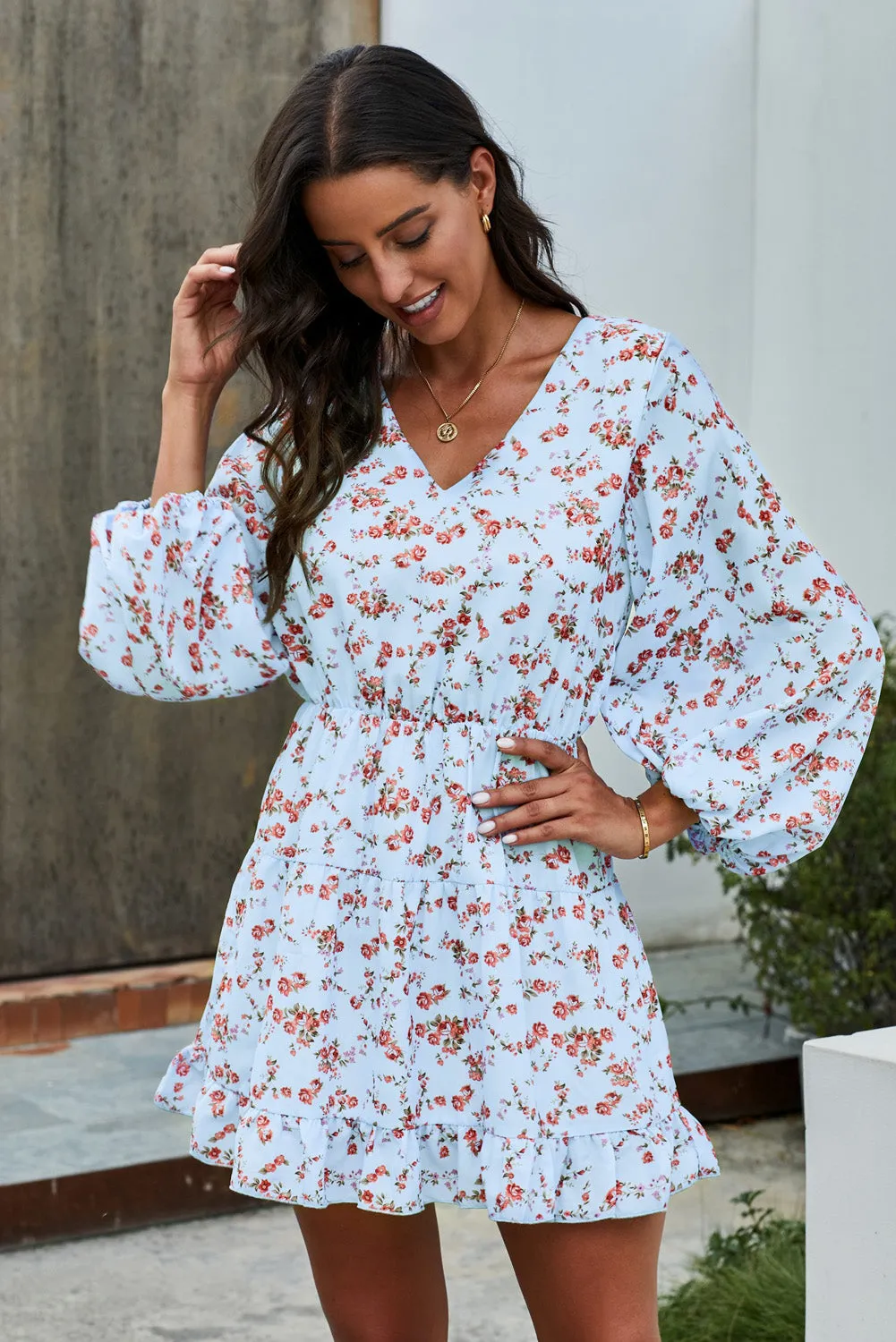 Chic Sky Blue V Neck Lantern Sleeves Floral Tunic Dress