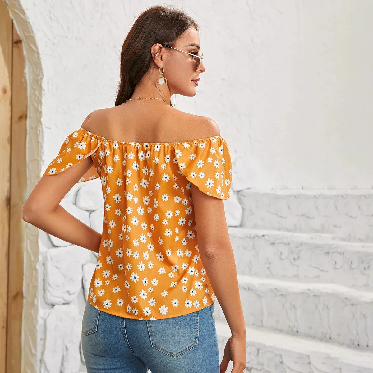 Chiffon Slash New Shoulder Summer Off Tops Style neck Floral Elegant Top