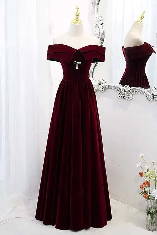 Classy Off The Shoulder Burgundy Velvet 8th Grade Formal Dress