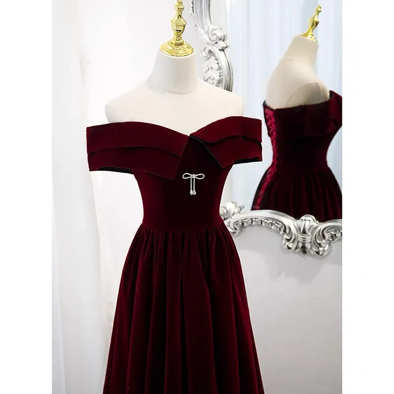 Classy Off The Shoulder Burgundy Velvet 8th Grade Formal Dress