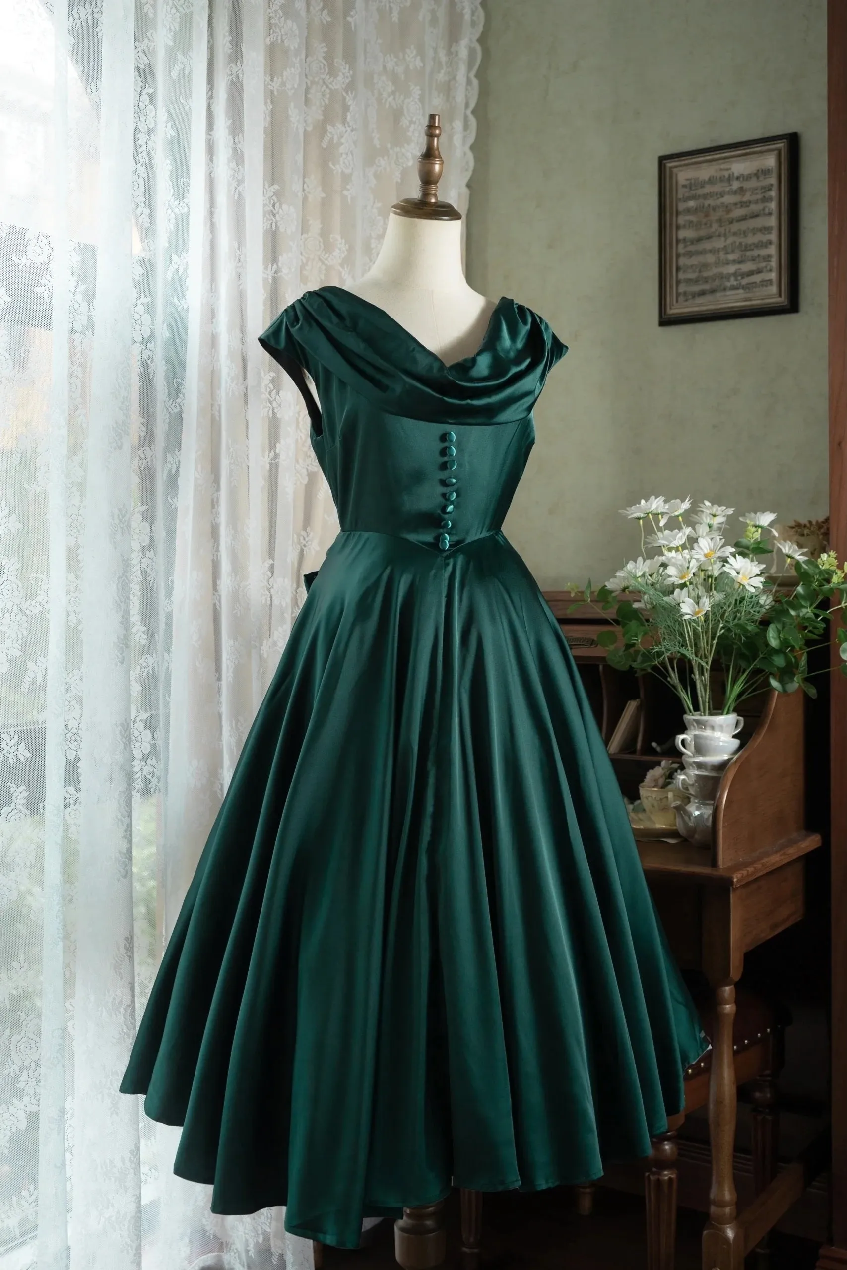 Cow Neck 50s Open Back Vintage Emerald Green Dress