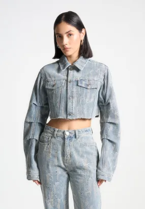 Cropped Distressed Denim Jacket - Mid Blue