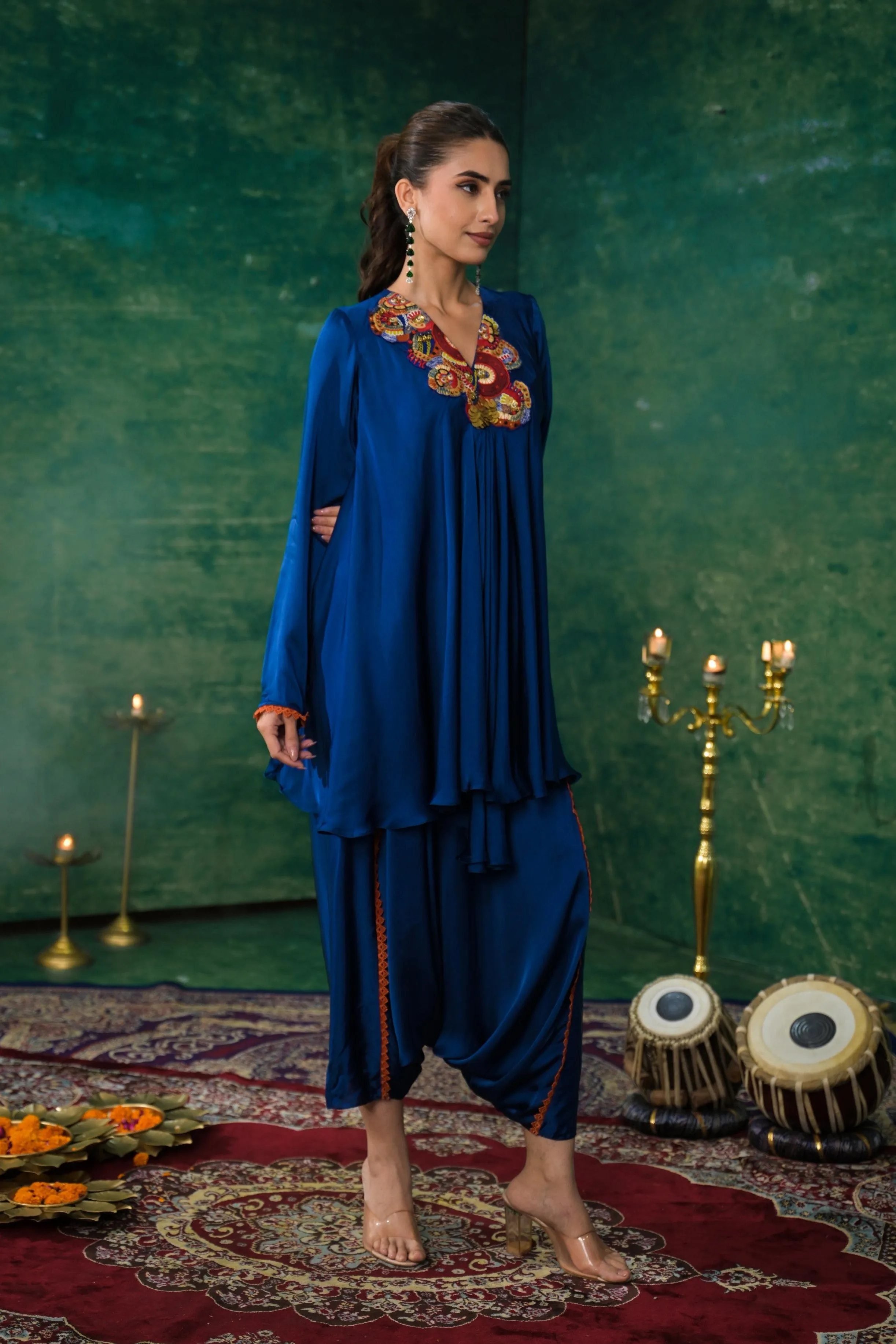 Deep Blue Embroidered Satin Silk Co-Ord Set