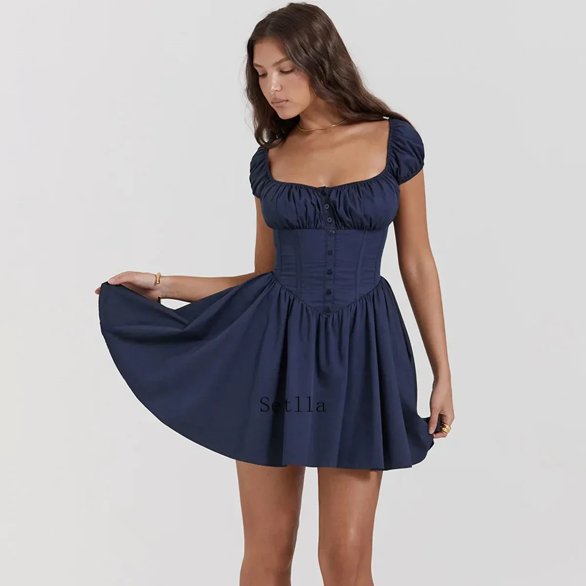 Elegant A-Line Puff Sleeve Birthday Pleated Fairy Corset Gown Mini Dress