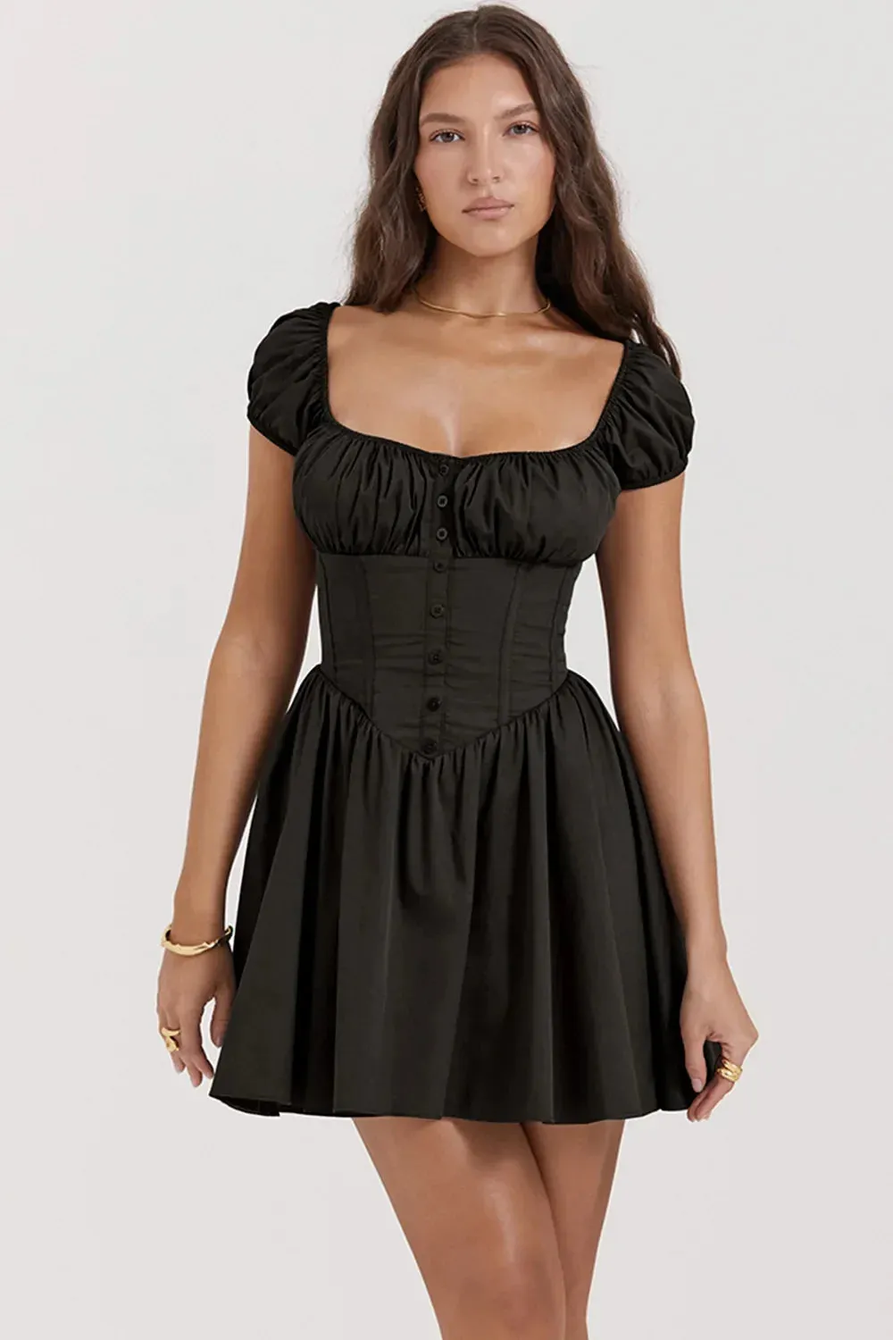 Elegant A-Line Puff Sleeve Birthday Pleated Fairy Corset Gown Mini Dress