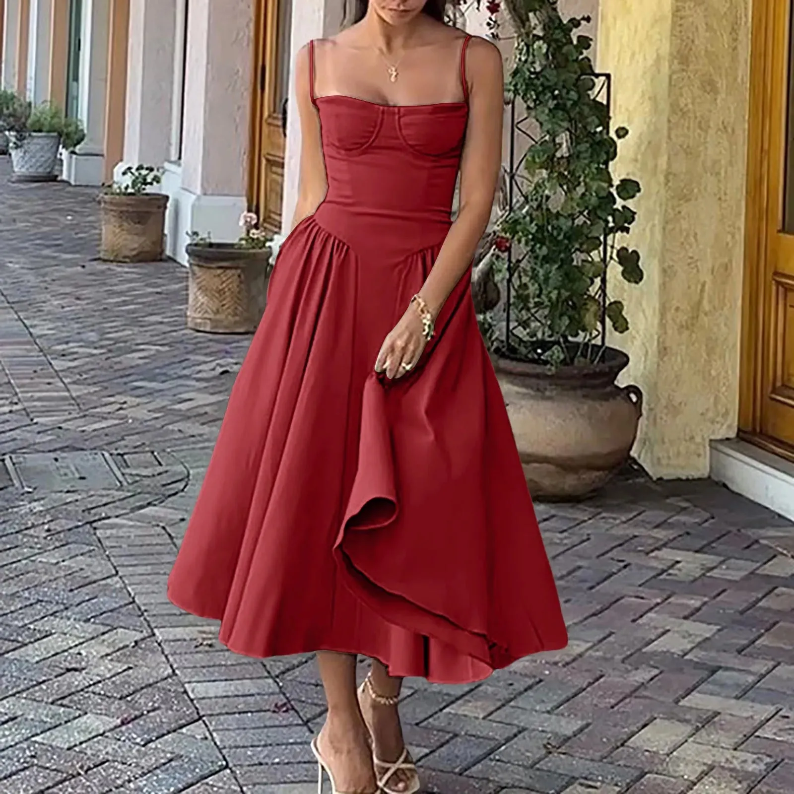 Elegant A Line Spaghetti Strap Sleeveless Holiday Party Midi Dress