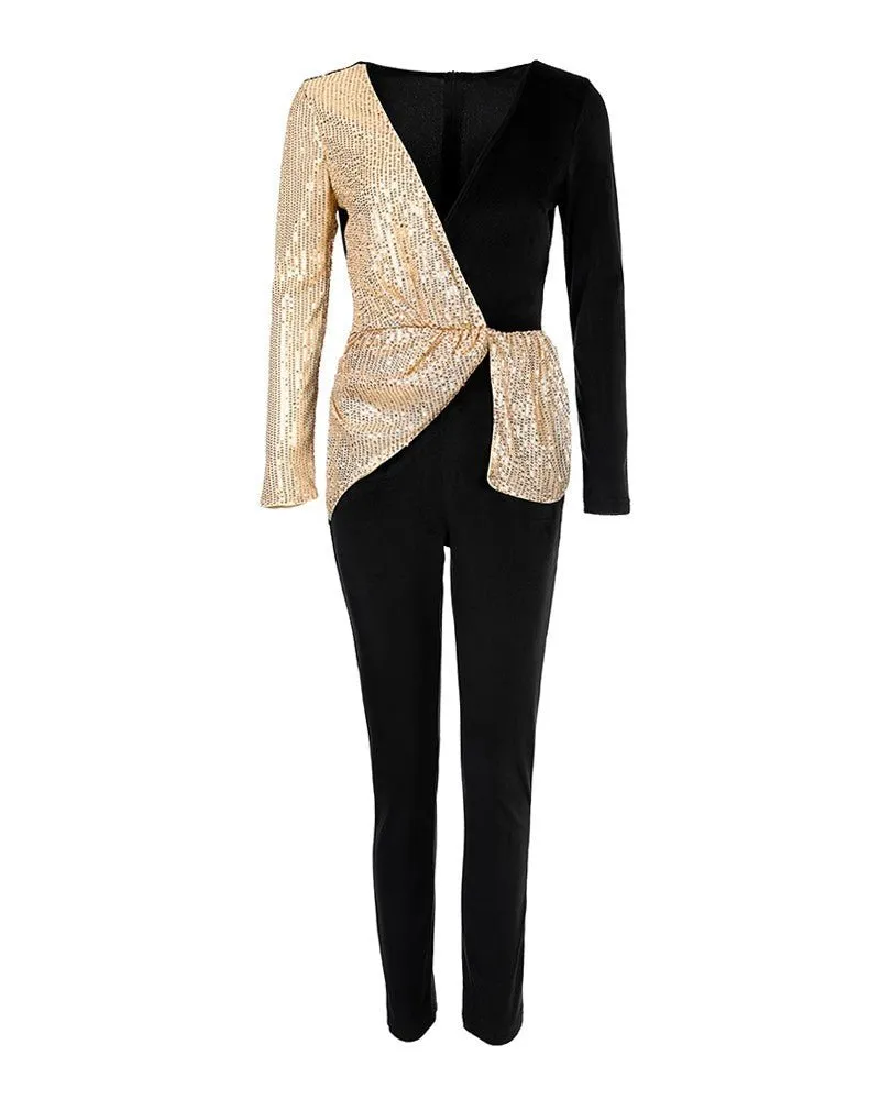 Elegant Black and Gold Sequin-Embellished High Waisted Jumpsuit