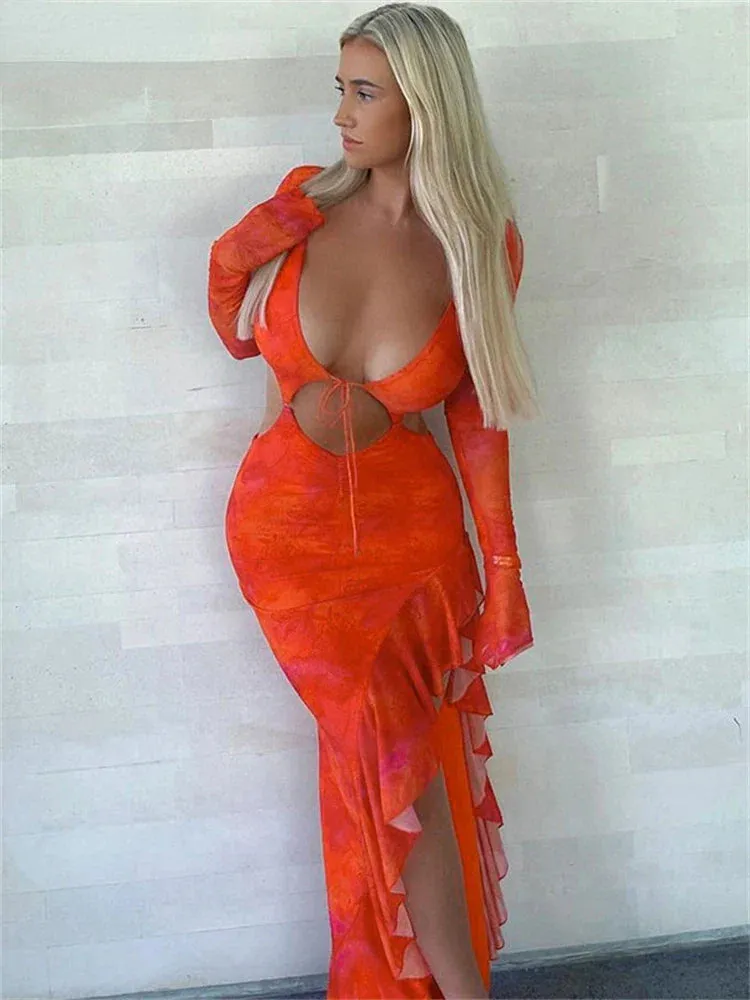 Elegant Cut Out Long Maxi Dress with Orange Ruffles