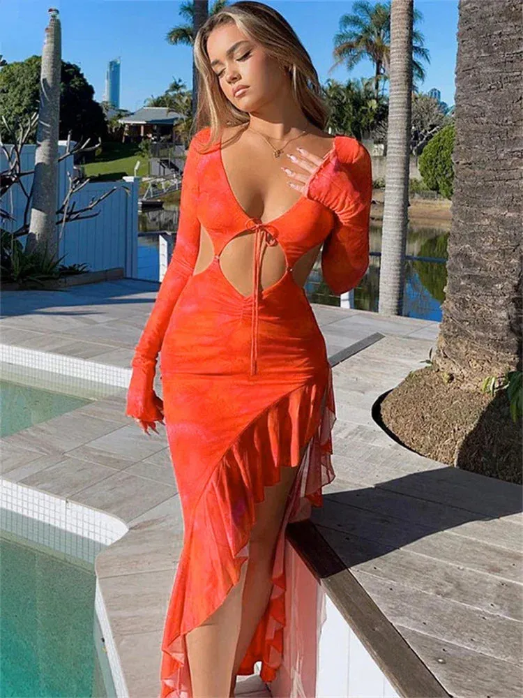 Elegant Cut Out Long Maxi Dress with Orange Ruffles