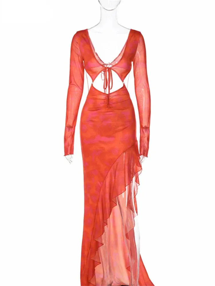 Elegant Cut Out Long Maxi Dress with Orange Ruffles