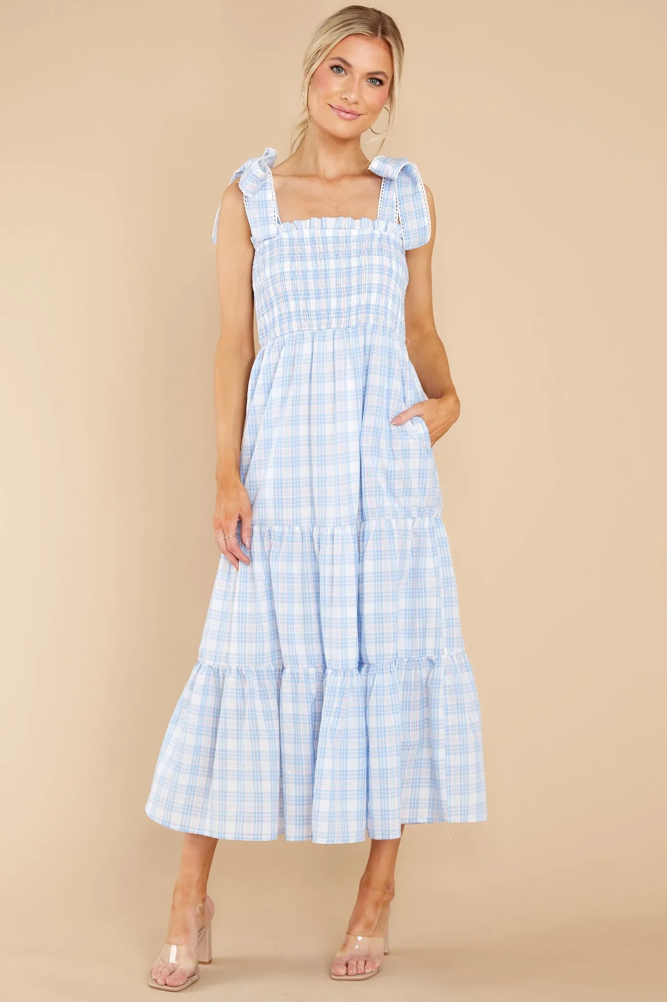 Elegant Darling Light Blue Gingham Cotton Maxi Dress