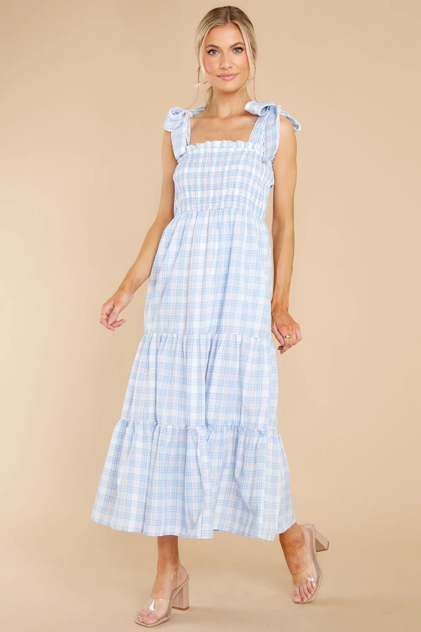 Elegant Darling Light Blue Gingham Cotton Maxi Dress