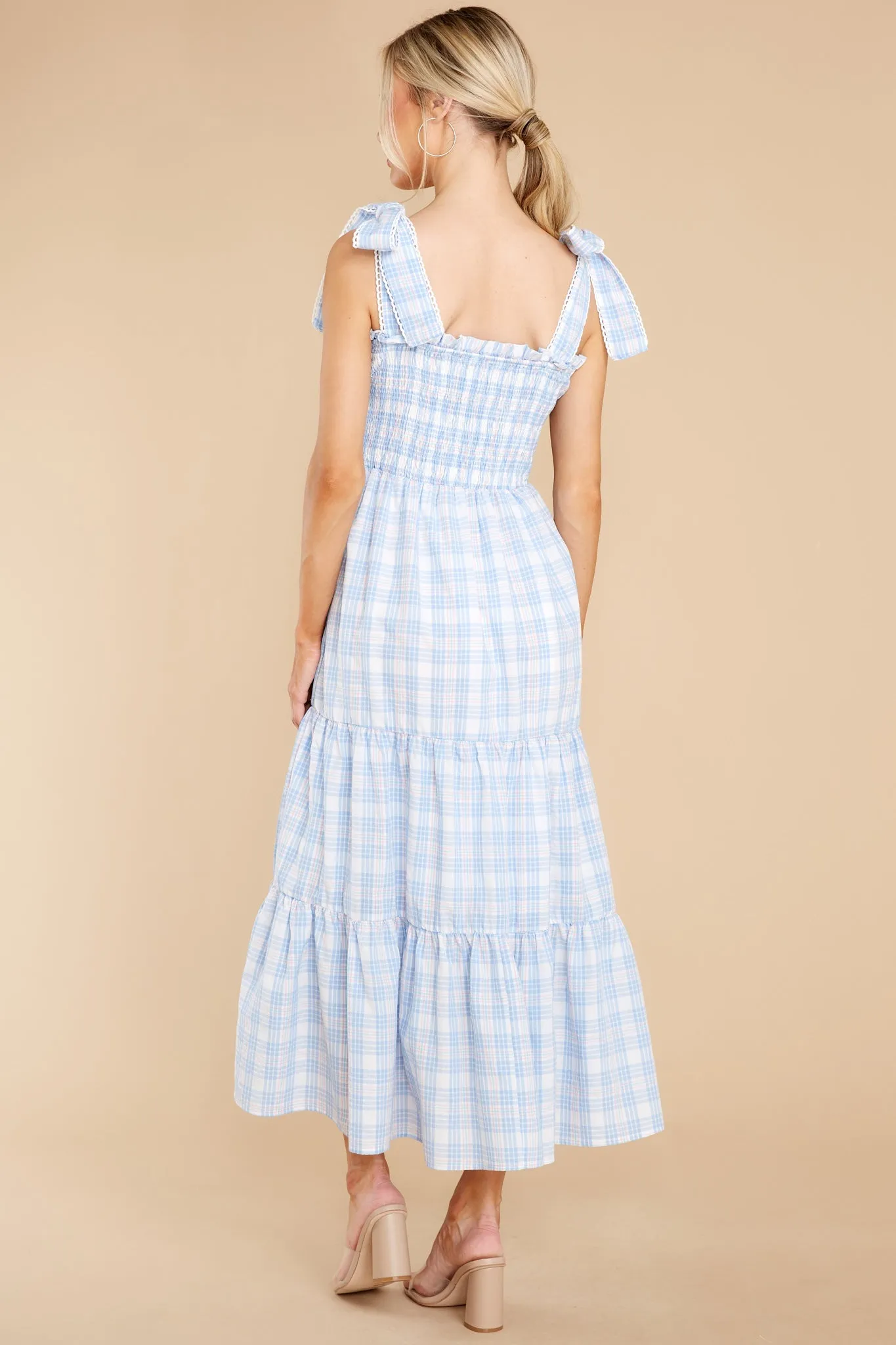 Elegant Darling Light Blue Gingham Cotton Maxi Dress