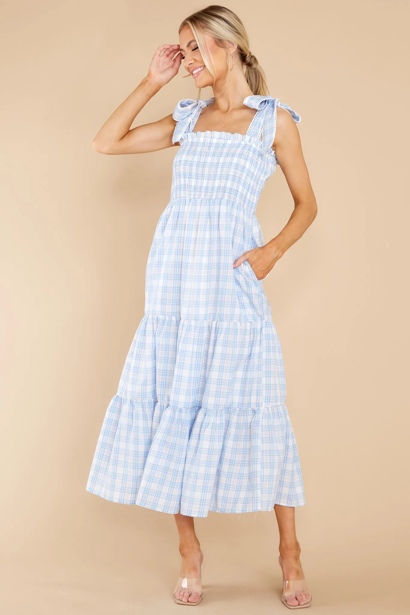 Elegant Darling Light Blue Gingham Cotton Maxi Dress