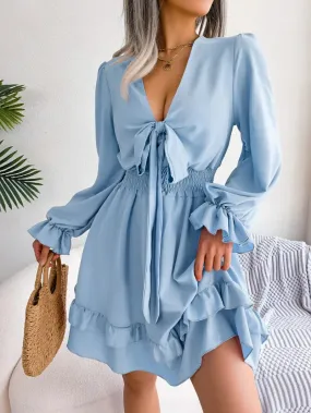 Elegant Flare Sleeves Summer Women's Casual Lace-Up Bow Mini Dress