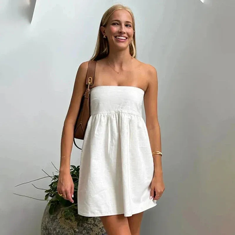 Elegant Off Vacation Sleeveless Mini Beach Solid Short Shoulder Strapless Dress