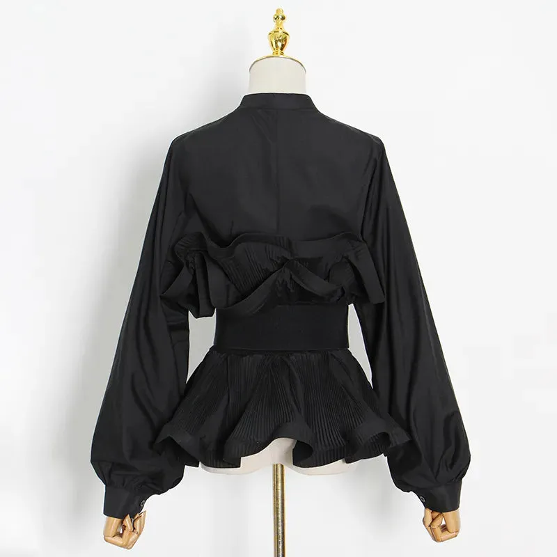 Elegant Patchwork Ruffle Sashes Blouse For Women Stand Collar Long Sleeve Korean Tunic Blouse Female Fashion