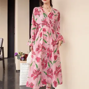 Elegant Printing Dresses For Women V Neck Flare Sleeve Tunic Patchwork Folds Casual Dress Female Fashion Clothing