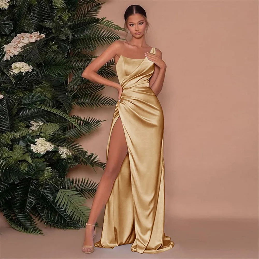 Elegant Silky Thigh Slit Off Shoulder Long Evening Party Dress