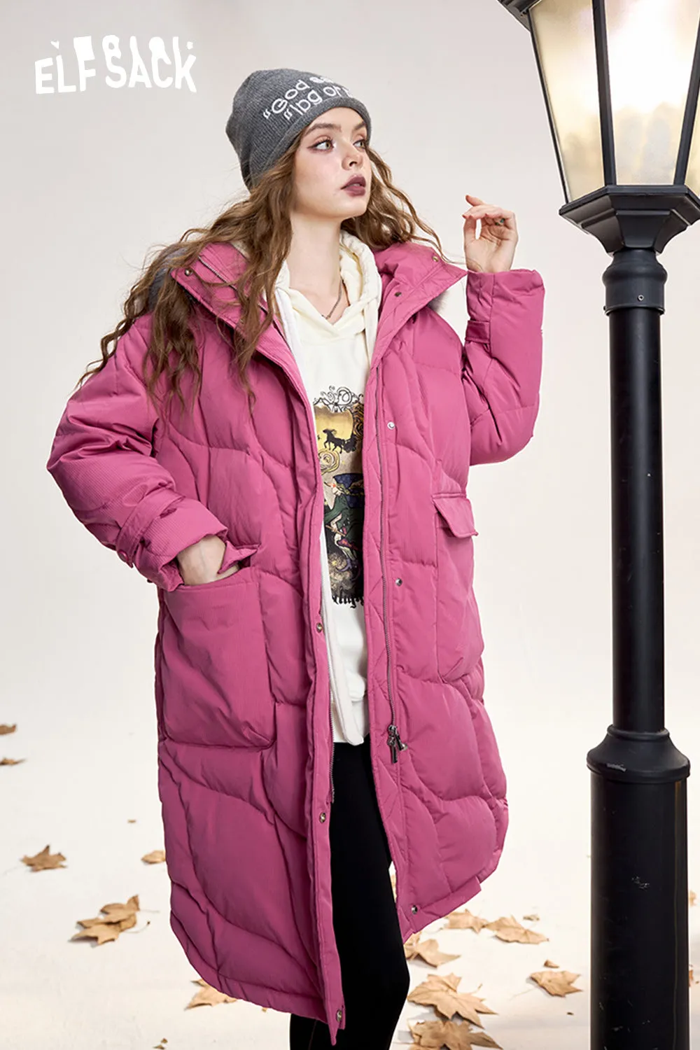 ELFSACK 2024 Winter New Arrivals Fashionable hooded mid-length rose red down jacket for women with fur collar loose warm coat