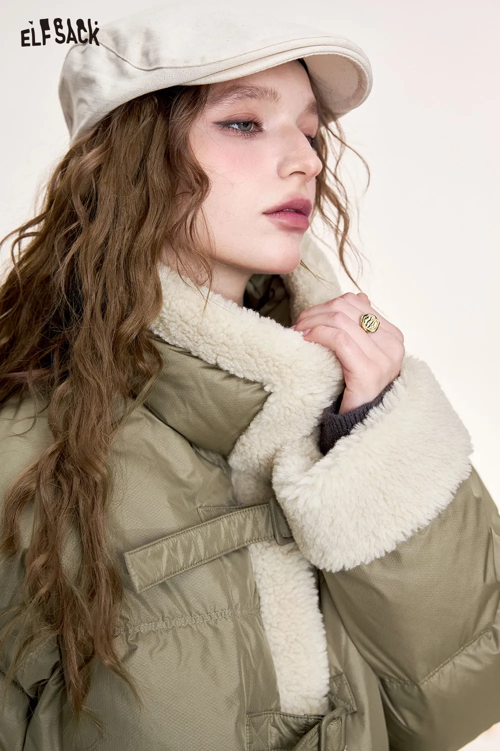 ELFSACK 2024 Winter New Arrivals Retro plus fur stitching short down jacket for women warm coat with stand collar zipper button warm coat