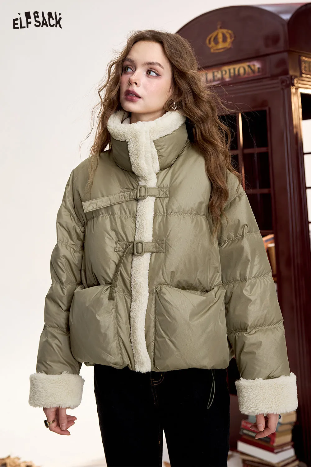 ELFSACK 2024 Winter New Arrivals Retro plus fur stitching short down jacket for women warm coat with stand collar zipper button warm coat