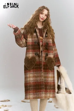 ELFSACK 2024 Winter New Arrivals Retro Preppy style plaid long thick coat with fur collar and cow horn buckle for women