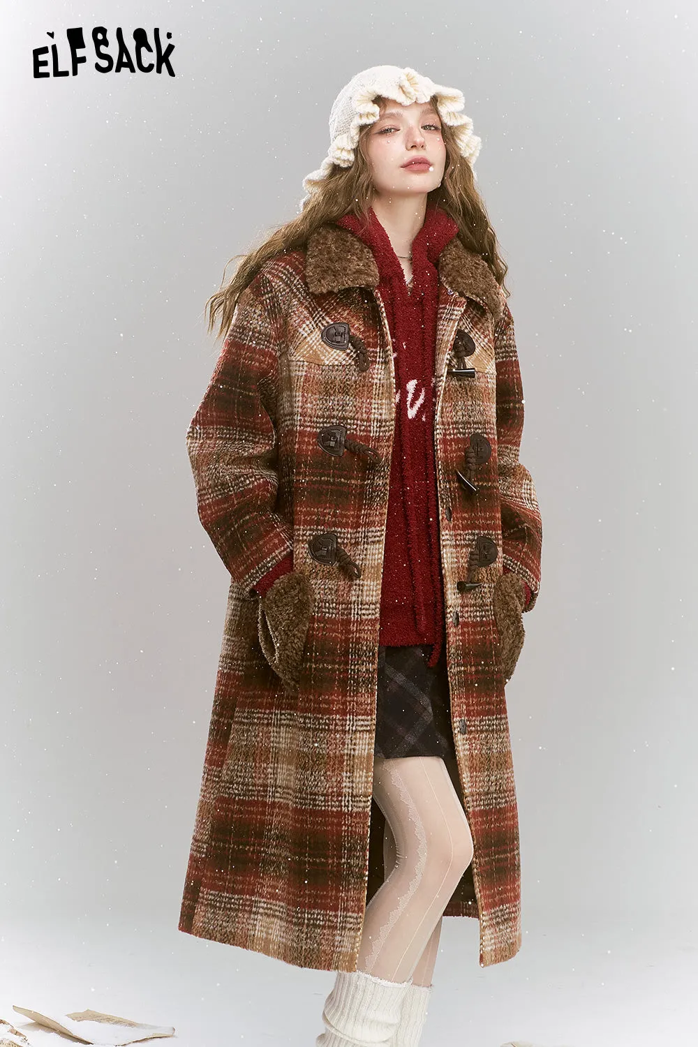 ELFSACK 2024 Winter New Arrivals Retro Preppy style plaid long thick coat with fur collar and cow horn buckle for women