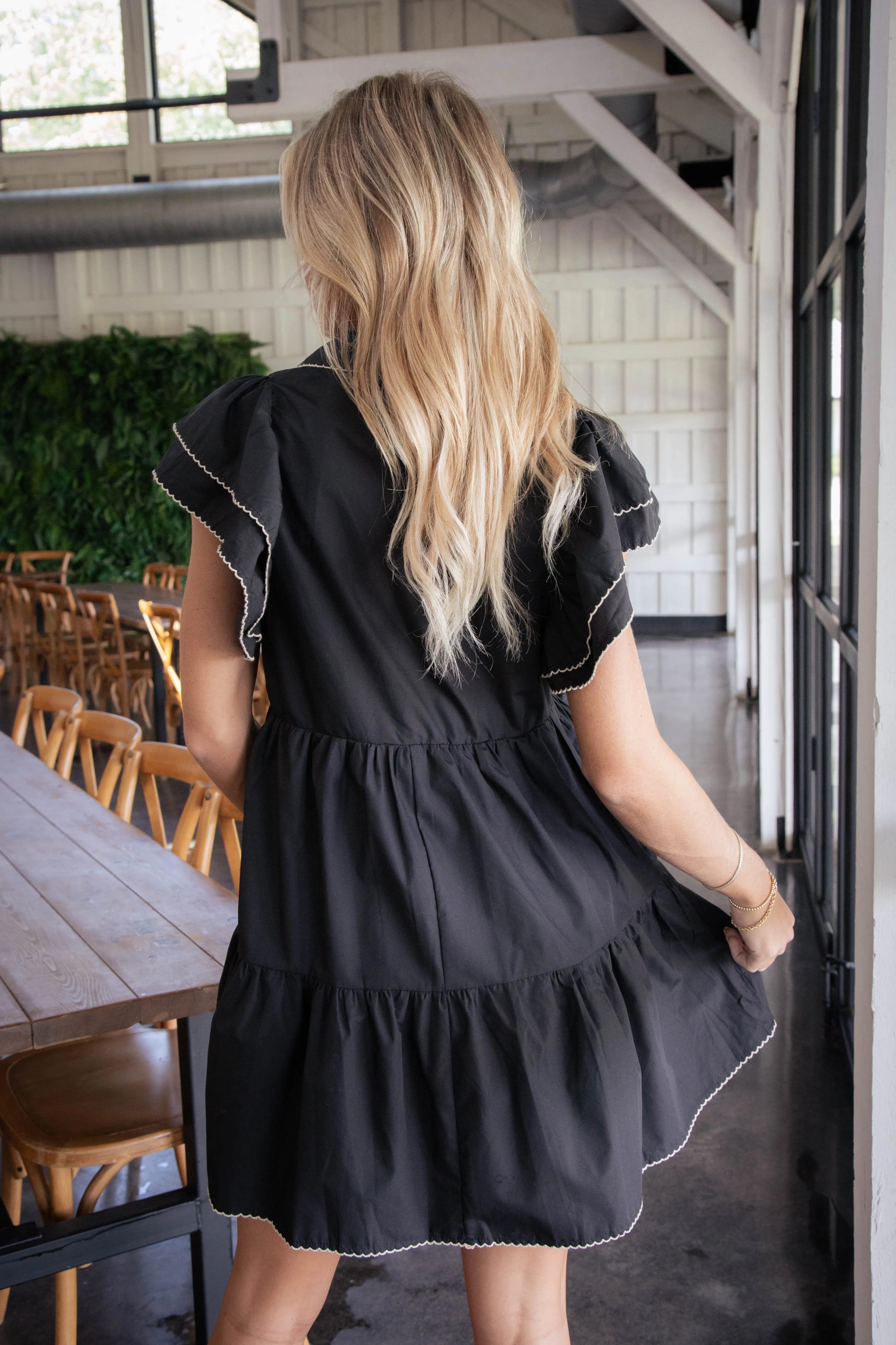 Elodie Tiered Ruffle Sleeve Dress, Black