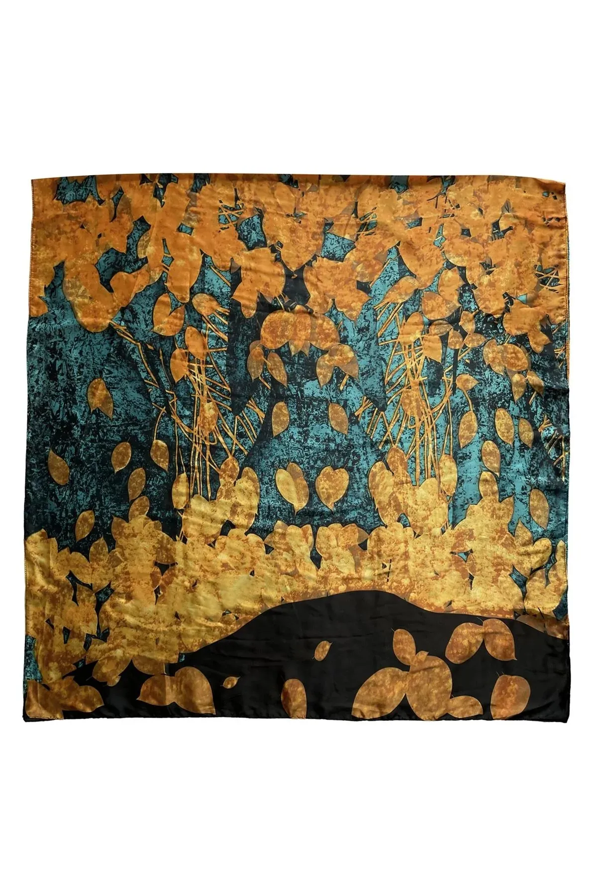 Falling Leaves Print Silk Scarf - MUSTARD